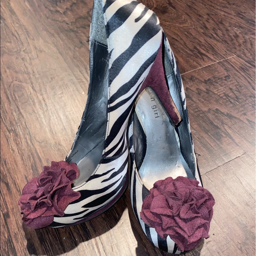 Zebra print heels with maroon rose detail